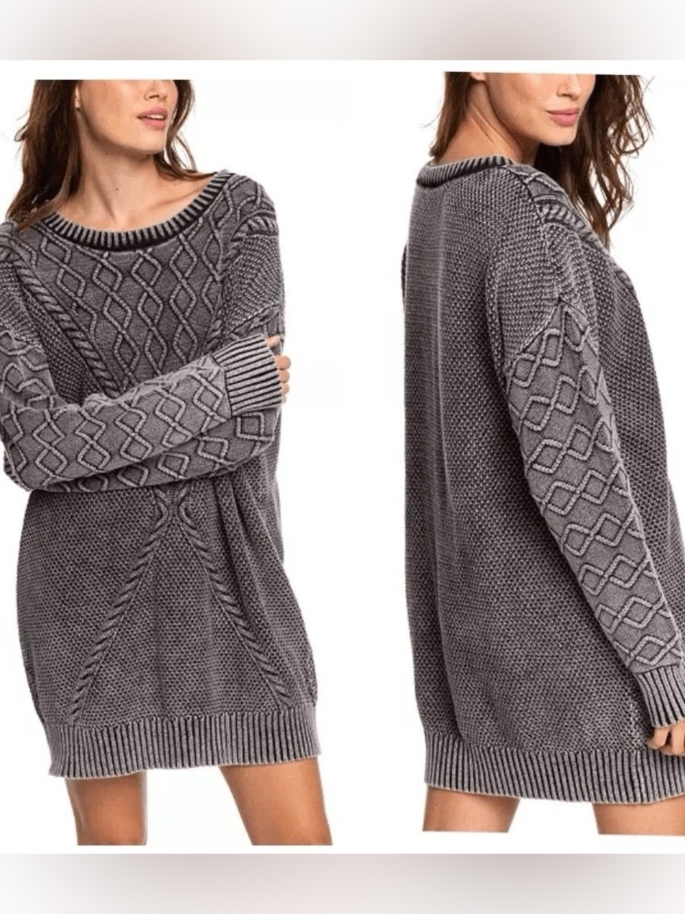Roxy Cable Knit Tunic Sweater Dress Gray Anthracite Boho Cozy sz M